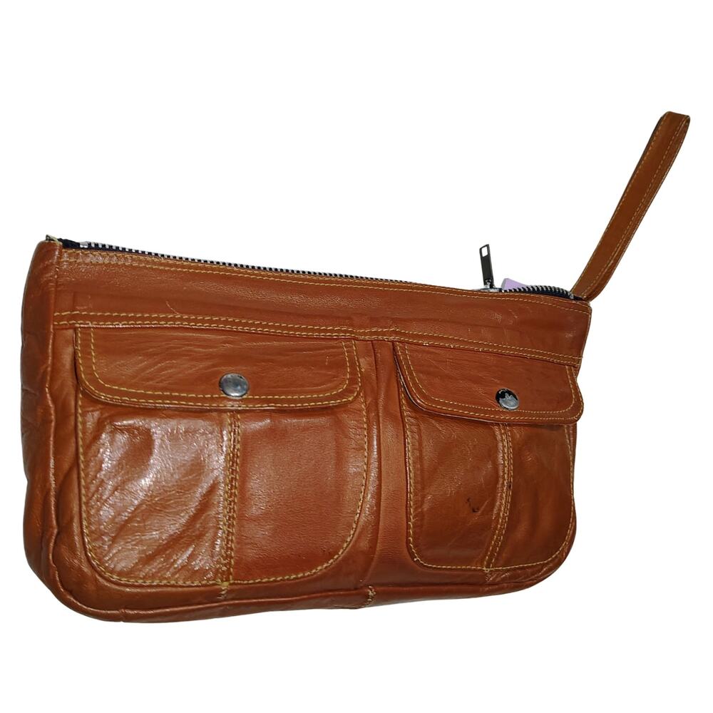 Y2k Vintage Utility Leather Wristlet Cargo Clutch Bag Tan Gorpcore Boho Grunge